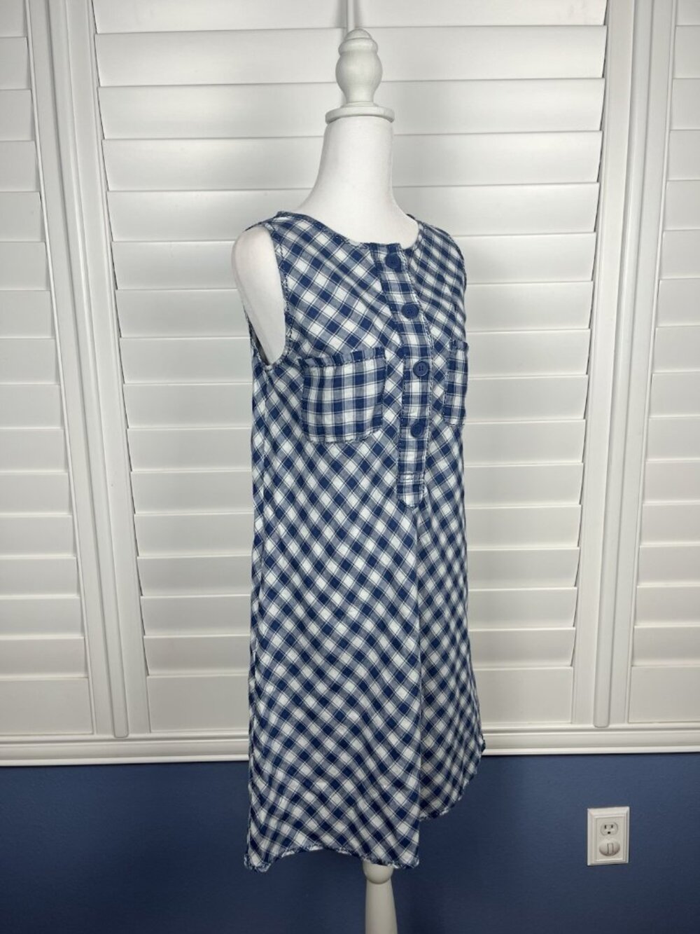 Max Studio XS Blue White Plaid Linen Cotton Sleeveless Shift Dress Pockets